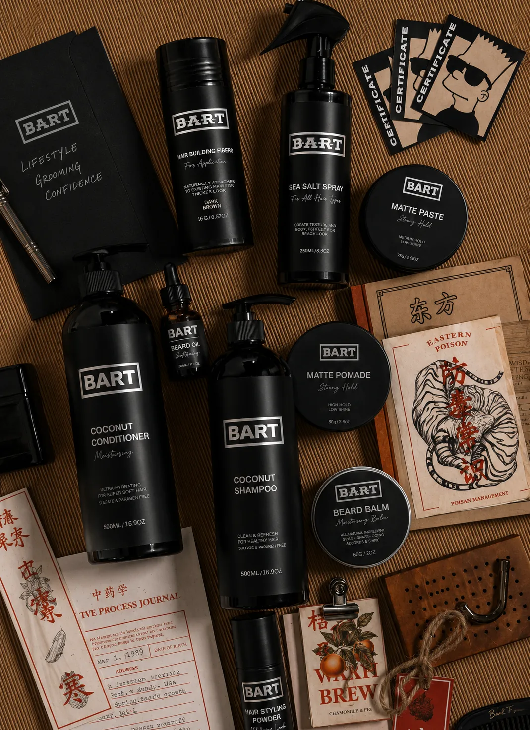 Productos de BART Barbershop dispuestos sobre una mesa