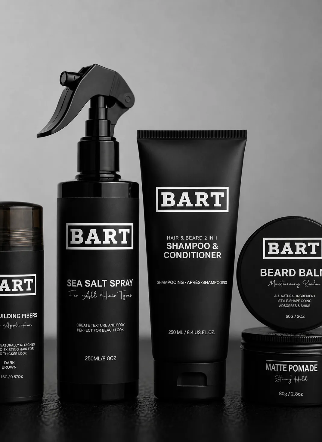 Productos de cuidado de BART Barbershop — spray de sal marina, champú, bálsamo para barba y pomada